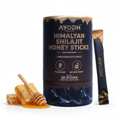 AYODH Shilajit Honey Sticks pack closeup highlighting mineral-rich blend for on-the-go use.