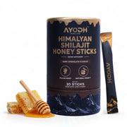 AYODH Shilajit Honey Sticks pack closeup highlighting mineral-rich blend for on-the-go use.
