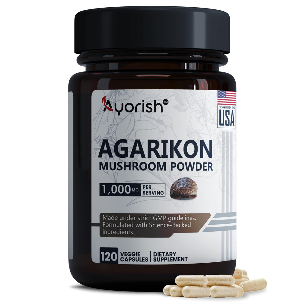Ayorish Agarikon Capsule bottle shows 500 mg per serving for daily wellness