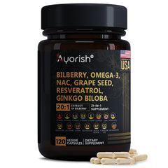 Ayorish bilberry-lutein-zeaxanthin capsules on bottle label for daily eye nourishment.
