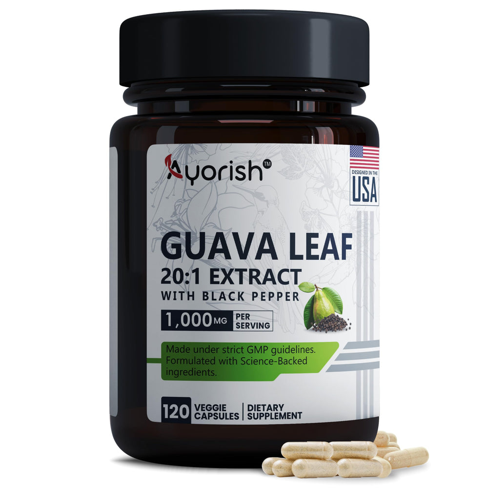 Ayorish Guava Leaf Extract bottle showing a 60-day supply for daily use.