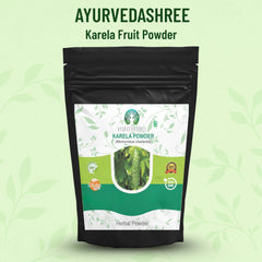 AYURVEDASHREE Bitter Melon Powder jar highlights GMP standards and vegan, gluten-free formula.