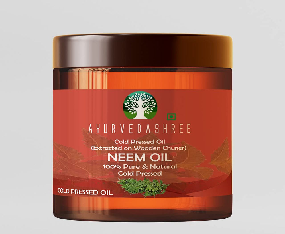 Ayurvedashree neem oil bottle for skin care and plant protection.