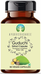 AYURVEDASHREE Guduchi extract bottle with capsules, easy daily vegan intake.