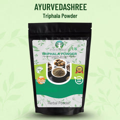 AYURVEDASHREE Triphala packaging label close-up highlighting Ayurvedic herb quality.