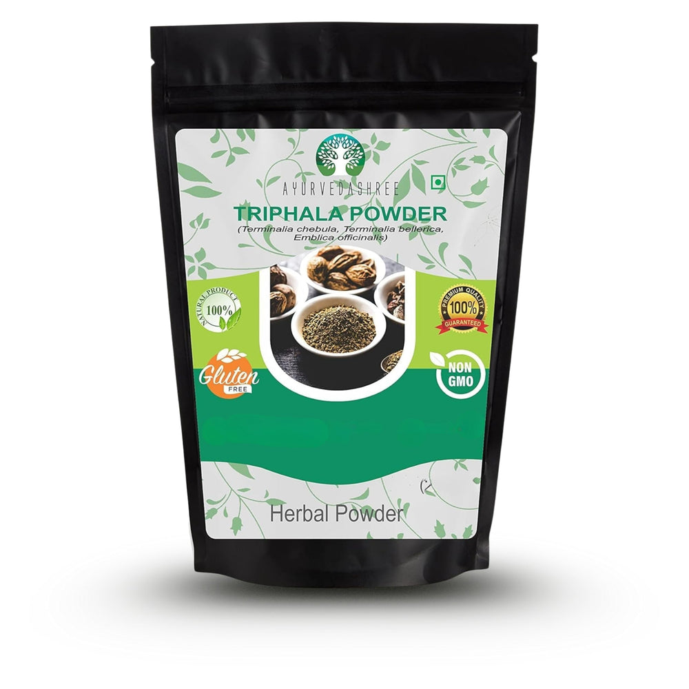 AYURVEDASHREE Triphala powder packaging label shows authentic blend for daily cleansing.