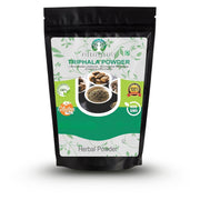 AYURVEDASHREE Triphala powder packaging label shows authentic blend for daily cleansing.