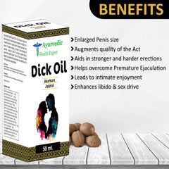 Ayurvedic Health Expert Dick Oil natural ingredients label focusing on 100% pure herbal blend.