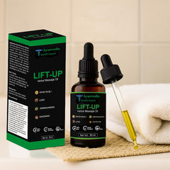 Ayurvedic Health Expert Lift-up bottle showing pure oil for men's vitality.