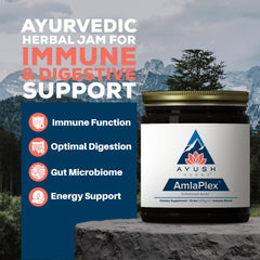 Ayush Herbs AmlaPlex ingredients close-up showing amla, ashwagandha, and honey.