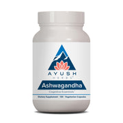 Ayush Herbs Ashwagandha capsules bottle closeup for stress relief and daily stamina