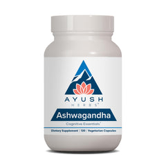 Ayush Herbs Ashwagandha capsules bottle closeup for stress relief and daily stamina