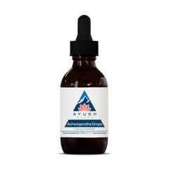 Ayush Herbs Ashwagandha Drops bottle with lemon flavor for daily focus.