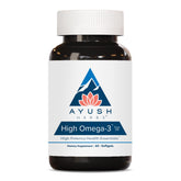 Ayush Herbs High Omega 3 bottle front shows lemon-flavored softgels for daily wellness.