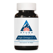Ayush Herbs High Omega 3 bottle front shows lemon-flavored softgels for daily wellness.