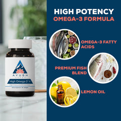 Ayush Herbs High Omega 3 illustration of sustainably farmed fish.