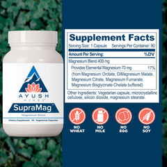 Ayush Herbs SupraMag label details emphasizing purity and seed-to-shelf integrity.