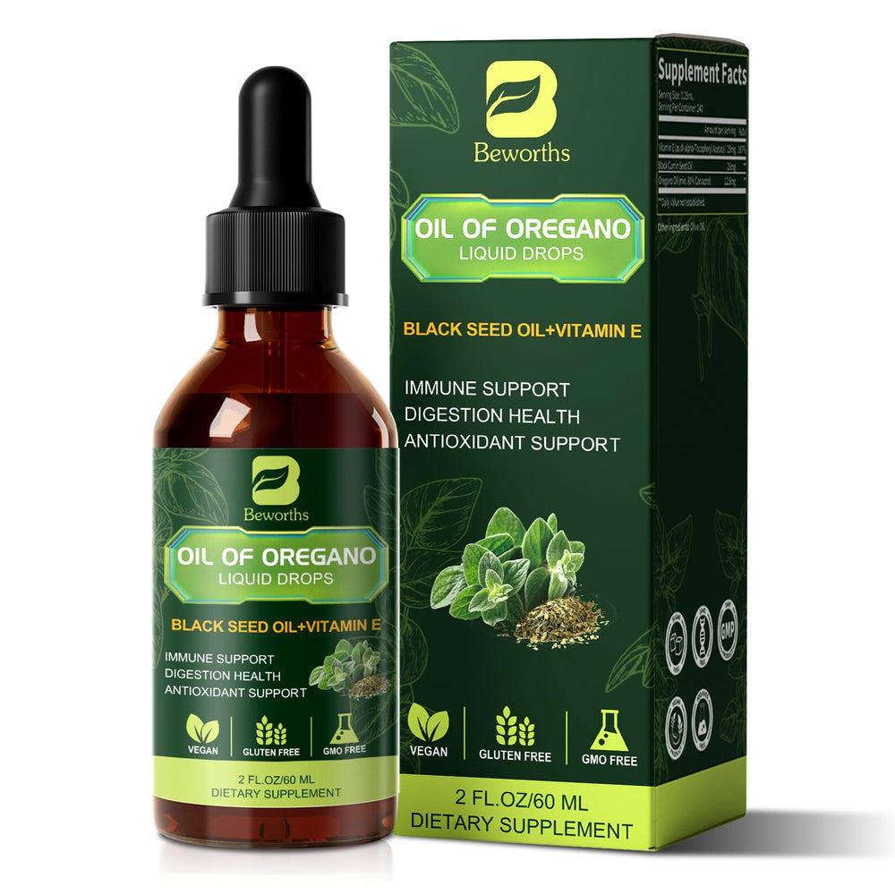 B BEWORTHS oregano oil drops bottle in view, showcasing daily wellness formula.