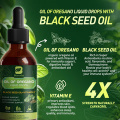 Label highlights oregano oil and black seed oil ingredients.