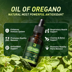 Close-up of product label detail showing organic oregano oil and high carvacrol content.