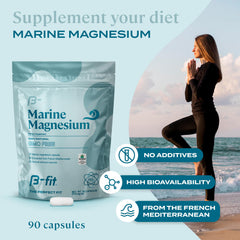 B-FIT B Marine Magnesium capsules close-up emphasizes high bioavailability for easy daily absorption.