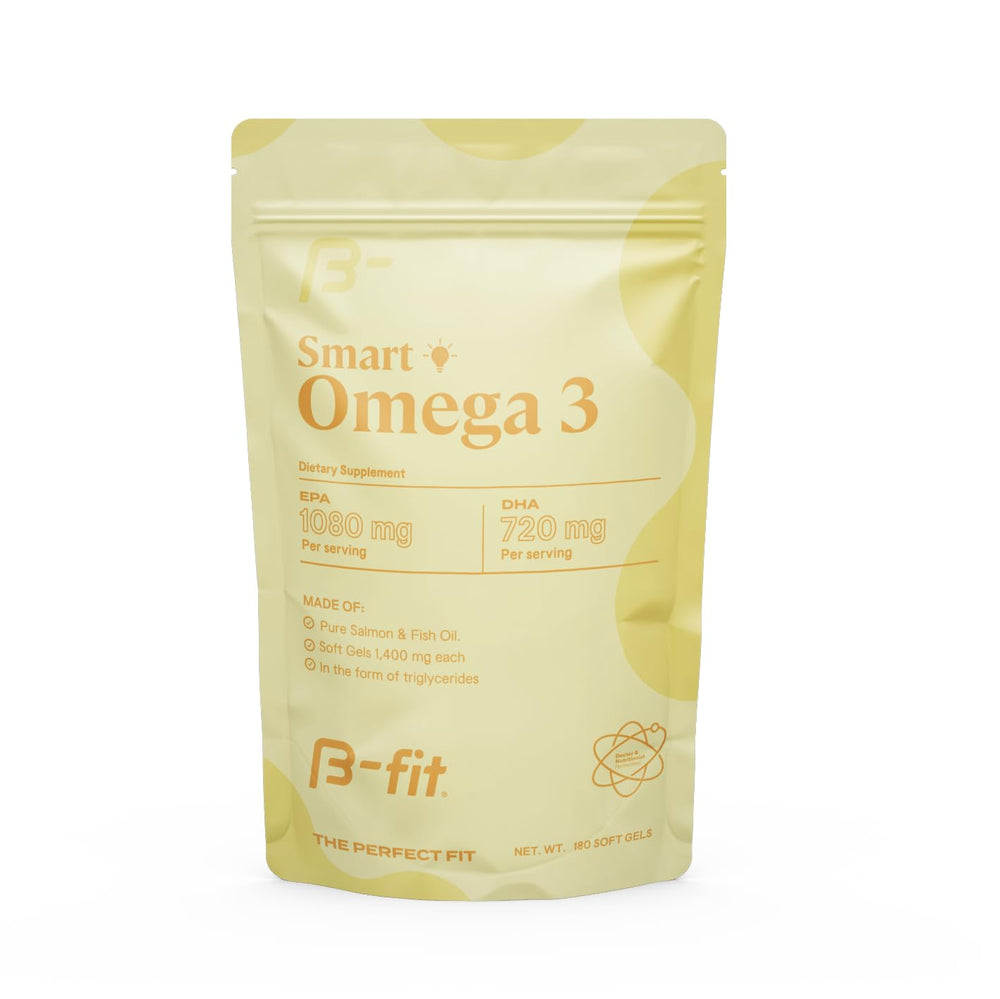 B-FIT Omega3 bottle closeup highlights high-potency formula from Norwegian salmon