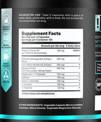 B Life Company Lion’s Mane capsules with Ashwagandha highlighted for balanced energy.
