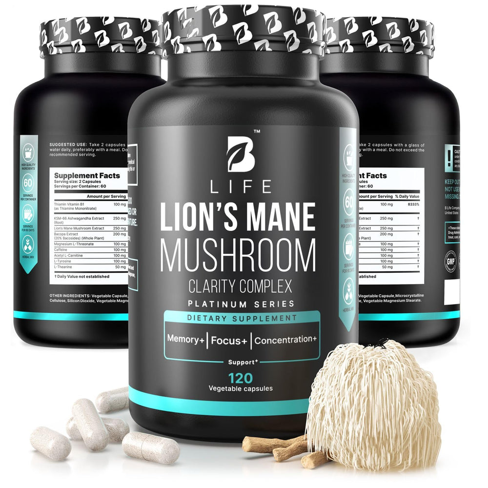 B Life Company Lion’s Mane capsules bottle close-up for focus support and daily cognitive wellness.