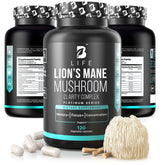 B Life Company Lion’s Mane capsules bottle close-up for focus support and daily cognitive wellness.