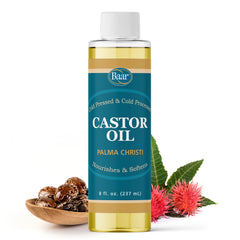 Baar cold-pressed castor oil bottle for skin and hair hydration.