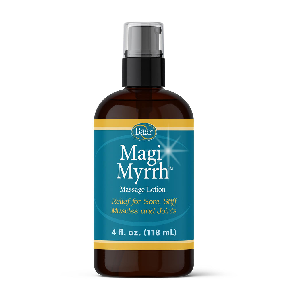 Baar Magi Myrrh Massage Lotion bottle for soothing tired muscles after activity.