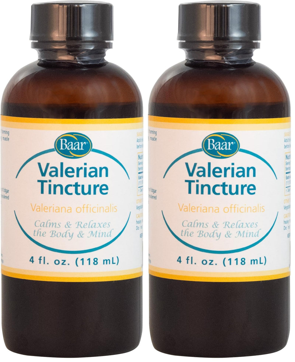 Baar Valerian Tincture 4oz bottle front view, highlighting its natural relaxant potential.