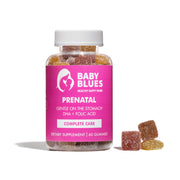 Baby Blues Prenatal Gummies bottle showing raspberry-lemonade flavor for a tasty daily prenatal ritual.