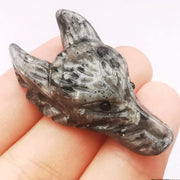 Bacatgem Labradorite wolf head figurine close-up, ideal for DIY pendant projects and mindful moments.