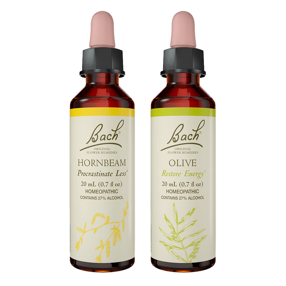 Bach Flower Remedies Olive bottle pour evokes renewed mental energy for busy days.