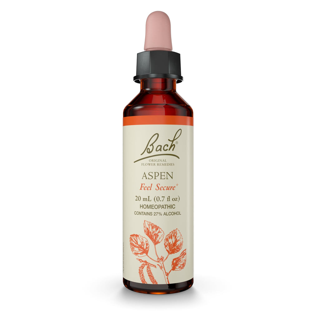Bach Original Aspen bottle with pour, illustrating easy dosage for daily balance.