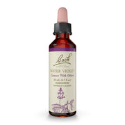 Bach Water Violet bottle closeup aids calmer social interactions.