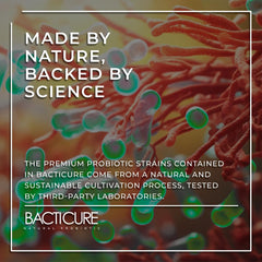 BACTERIUM PLUS Bacticure bottle label highlights CFU formula and prebiotics.