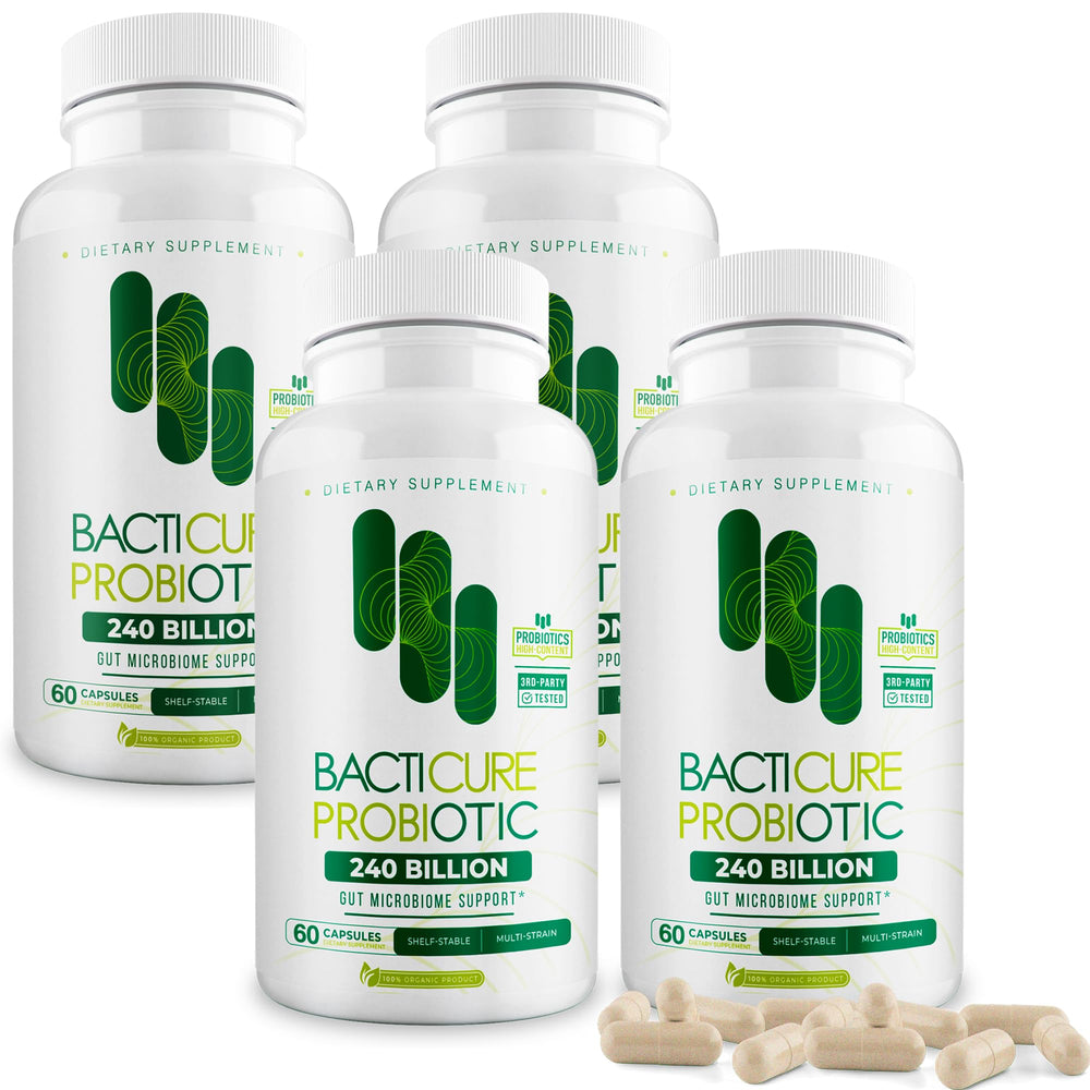 Bacticure Probiotic 240 capsules bottle promotes daily gut balance