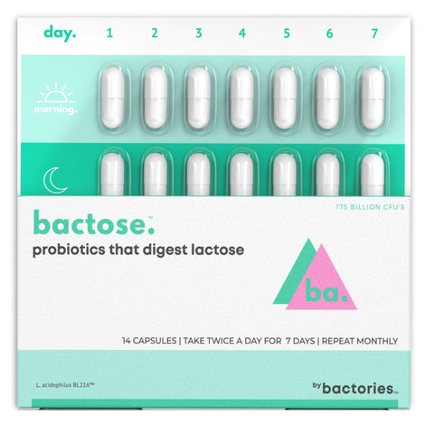 BACTOSE probiotic lactose pills bottle highlights lactose digestion support for dairy lovers.