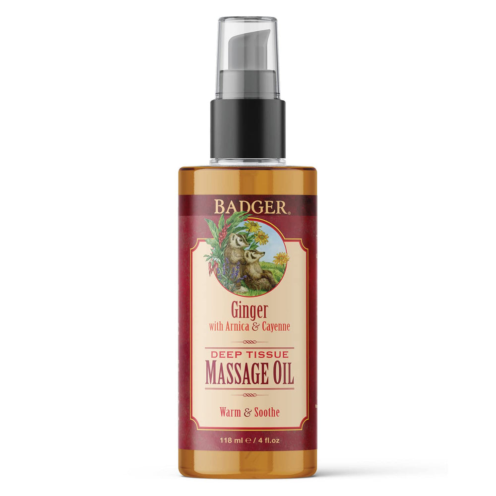 Badger Ginger Massage Oil bottle with pump for soothing full-body massage.