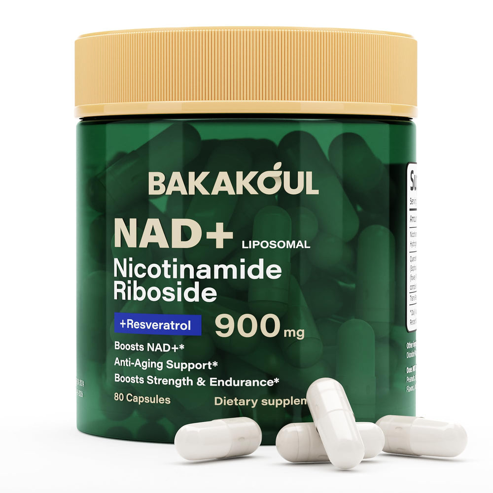 BAKAKOUL NAD bottle front view showing 80 capsules for daily NAD+ support