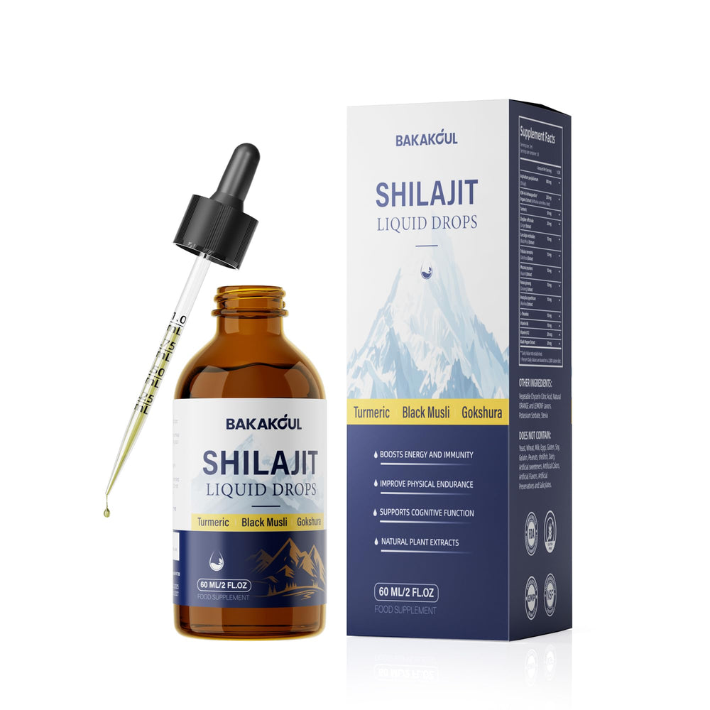 BAKAKOUL Shilajit liquid drops bottle shows pure Himalayan resin for daily energy support.