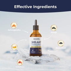 BAKAKOUL Shilajit liquid drops with glass of water for simple mixing routines.