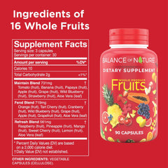 Close-up of Balance of Nature Fruits bottle highlights clean, vegan ingredients.