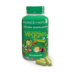Balance of Nature Veggies bottle close-up showing easy vegan capsules for daily veggie support