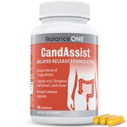 Balance ONE CandAssist bottle-front view highlighting vegan capsule for gut balance.