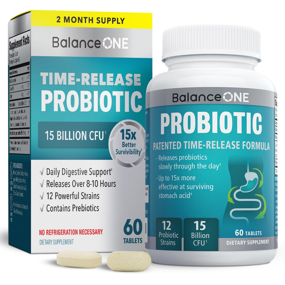 Balance ONE probiotic bottle with time-release tablets for steady gut support.
