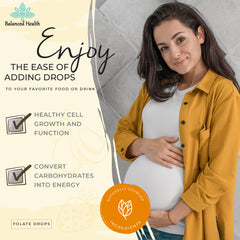 Balanced Health Folate Drops dropper shows easy drop dosing for daily use.