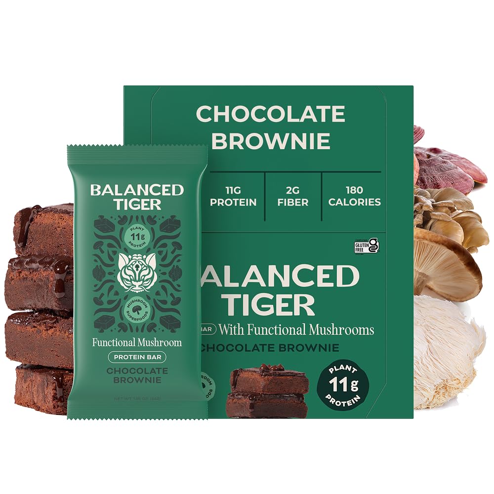 Balanced Tiger functional mushroom bar chocolate brownie wrap shows premium vegan nutrition for on-the-go energy.